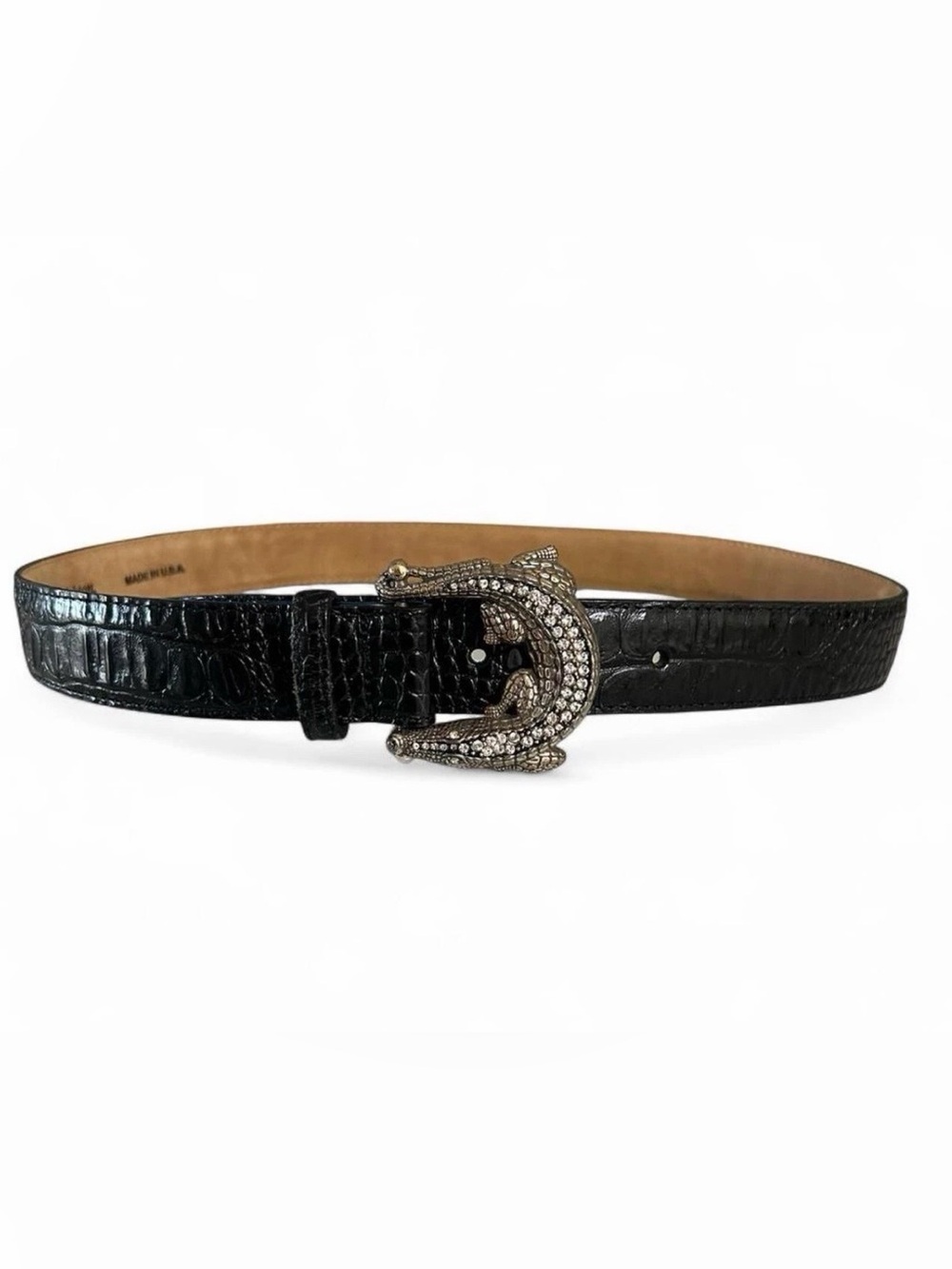Vintage Brighton  Black Leather Embossed Silver Alligator Buckle Belt  S